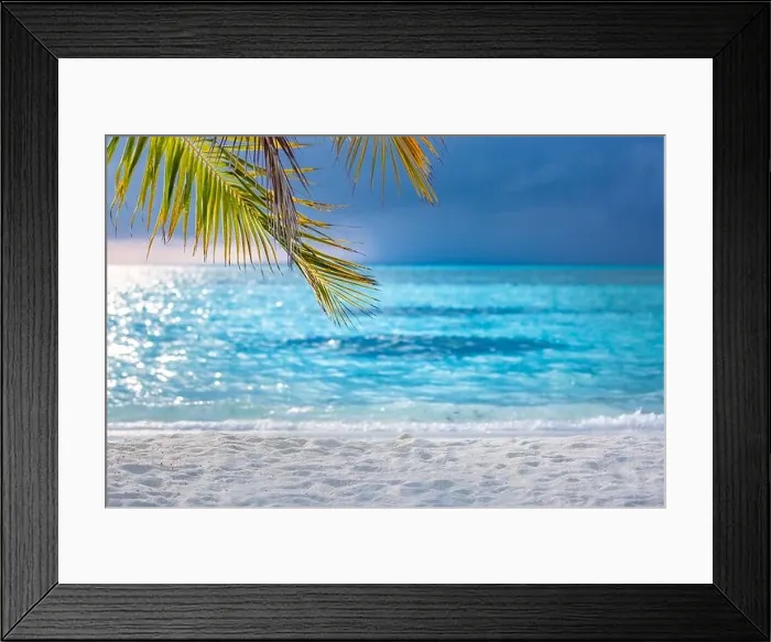 Framed Print : Tropical beach view, palm leaves with white sand close to sea. Tropical nature pattern, summer vacation and travel landscape. Sunset beach view Framed Print : Tropical beach view, palm leaves with white sand close to sea. Tropical nature pattern, summer vacation and travel landscape. Sunset beach view