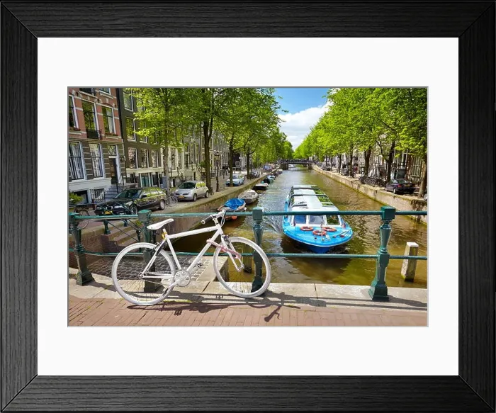 Framed Print : View at bicycle and canal - Amsterdam, Holland, Netherlands