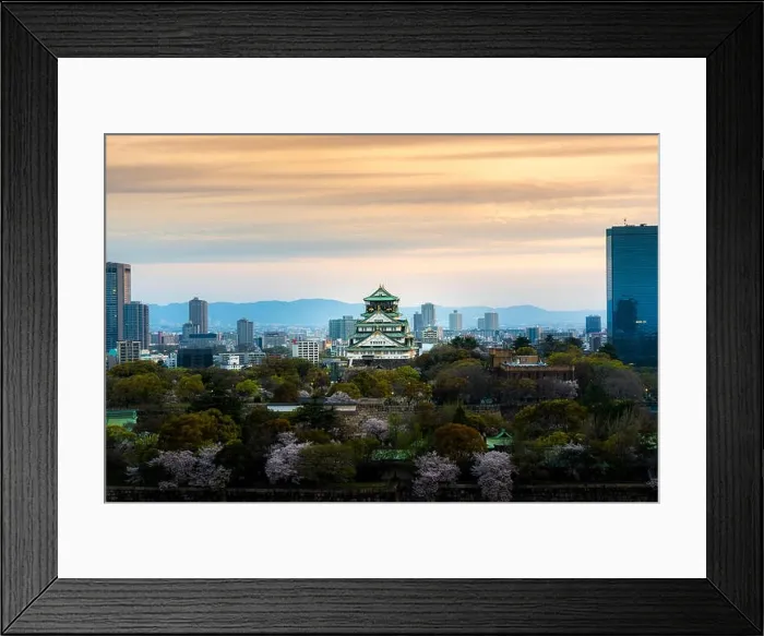Framed Print : Osaka castle with cherry blossom and Center business district in background at Osaka, Japan Framed Print : Osaka castle with cherry blossom and Center business district in background at Osaka, Japan