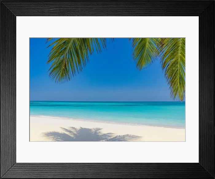 Framed Print : Summer beach landscape. tropical island shore, coast with palm tree leaves. Amazing blue sea horizon, bright sky and white sand as relaxing vacation Framed Print : Summer beach landscape. tropical island shore, coast with palm tree leaves. Amazing blue sea horizon, bright sky and white sand as relaxing vacation