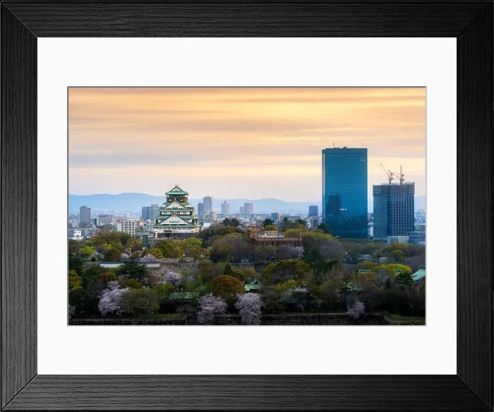 Framed Print : Osaka castle with cherry blossom and Center business district in background at Osaka, Japan Framed Print : Osaka castle with cherry blossom and Center business district in background at Osaka, Japan