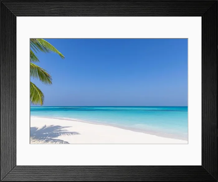 Framed Print : Summer beach landscape. tropical island shore, coast with palm tree leaves. Amazing blue sea horizon, bright sky and white sand as relaxing vacation Framed Print : Summer beach landscape. tropical island shore, coast with palm tree leaves. Amazing blue sea horizon, bright sky and white sand as relaxing vacation