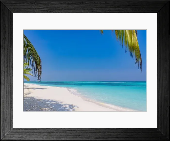Framed Print : Summer beach landscape. tropical island shore, coast with palm tree leaves. Amazing blue sea horizon, bright sky and white sand as relaxing vacation Framed Print : Summer beach landscape. tropical island shore, coast with palm tree leaves. Amazing blue sea horizon, bright sky and white sand as relaxing vacation