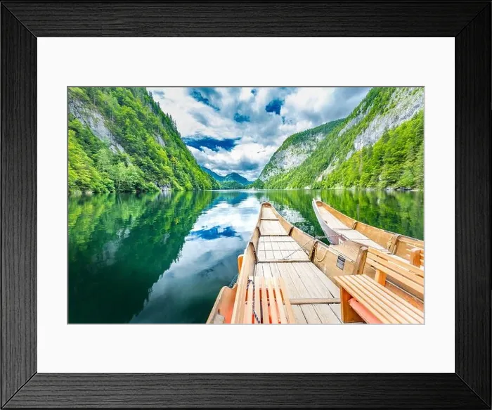 Framed Print : Beautiful view of traditional wooden rowing boat on scenic. Summer mountain lake pass scenic morning light at sunrise clouds over blue sky green trees Framed Print : Beautiful view of traditional wooden rowing boat on scenic. Summer mountain lake pass scenic morning light at sunrise clouds over blue sky green trees