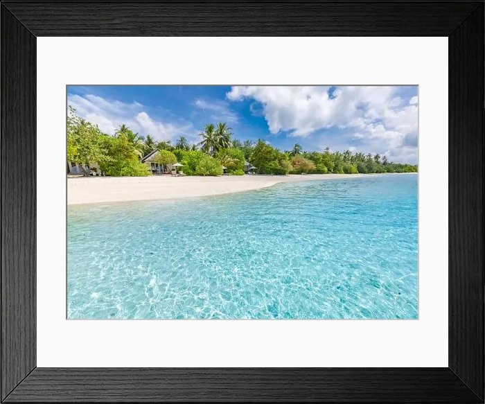 Framed Print : Maldives landscape. Tropical beach scene, blue sea and palm trees and white sand, summer vacation and holiday background concept. Exotic Framed Print : Maldives landscape. Tropical beach scene, blue sea and palm trees and white sand, summer vacation and holiday background concept. Exotic