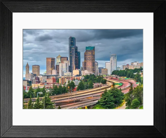 Framed Print : Seattle, Washington, USA downtown city skyline over highways at dusk Framed Print : Seattle, Washington, USA downtown city skyline over highways at dusk