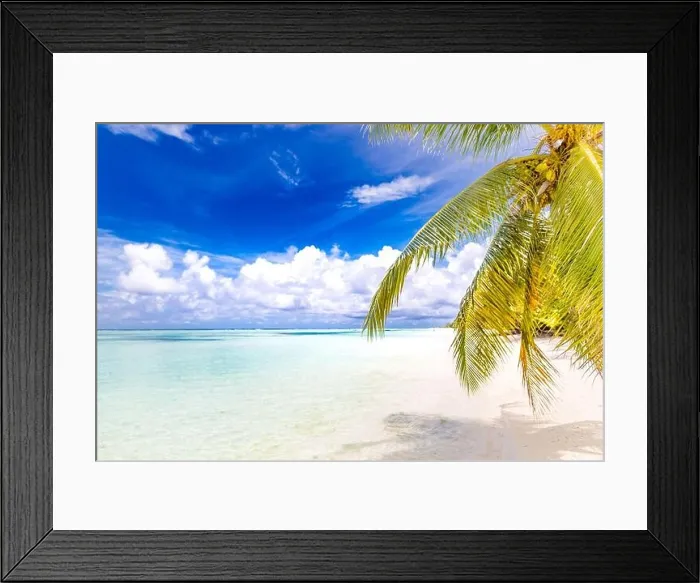 Framed Print : Tropical beach background as summer landscape with beach swing or hammock and white sand and calm sea for beach banner. Perfect beach scene vacation Framed Print : Tropical beach background as summer landscape with beach swing or hammock and white sand and calm sea for beach banner. Perfect beach scene vacation