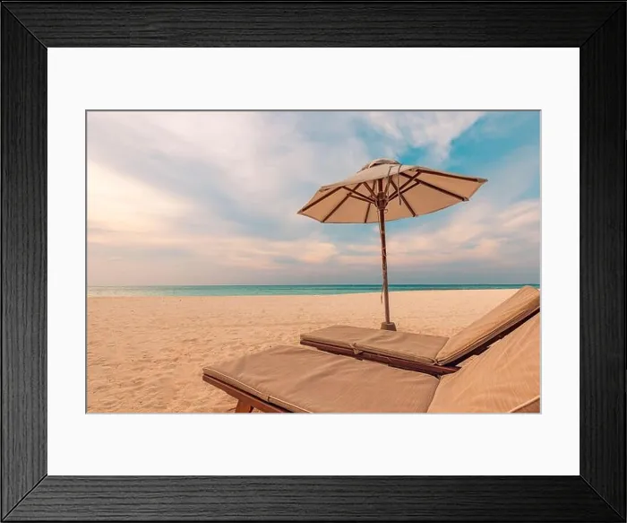 Framed Print : Beautiful tropical sunset scenery, two sun beds, loungers, umbrella. White sand, sea view with horizon, colorful twilight sky, calmness and relaxation Framed Print : Beautiful tropical sunset scenery, two sun beds, loungers, umbrella. White sand, sea view with horizon, colorful twilight sky, calmness and relaxation