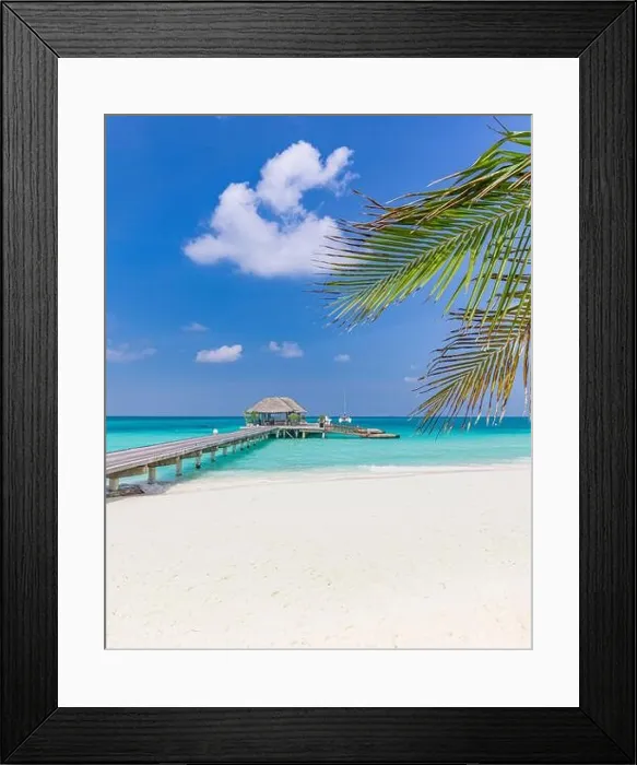 Framed Print : Overwater bungalow, shore coast landscape. Tropical island beach, amazing blue sky endless sea view with palm tree leaves, horizon, exotic luxury Framed Print : Overwater bungalow, shore coast landscape. Tropical island beach, amazing blue sky endless sea view with palm tree leaves, horizon, exotic luxury