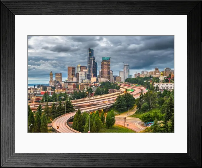 Framed Print : Seattle, Washington, USA downtown city skyline over highways at dusk Framed Print : Seattle, Washington, USA downtown city skyline over highways at dusk