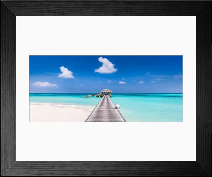 Framed Print : Overwater bungalow in the Indian Ocean, shore coast landscape. Tropical island beach, amazing blue sky, endless sea view, long jetty horizon exotic Framed Print : Overwater bungalow in the Indian Ocean, shore coast landscape. Tropical island beach, amazing blue sky, endless sea view, long jetty horizon exotic
