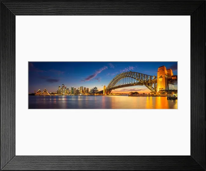 Framed Print : Sydney. Panoramic image of Sydney, Australia with Harbour Bridge during twilight blue hour Framed Print : Sydney. Panoramic image of Sydney, Australia with Harbour Bridge during twilight blue hour