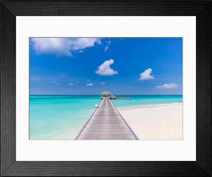 Framed Print : Overwater bungalow in the Indian Ocean, shore coast landscape. Tropical island beach, amazing blue sky, endless sea view, long jetty horizon exotic Framed Print : Overwater bungalow in the Indian Ocean, shore coast landscape. Tropical island beach, amazing blue sky, endless sea view, long jetty horizon exotic