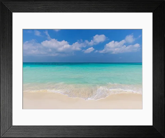 Framed Print : Sea sand sky, nature landscape concept. Tropical island shore, coast as beach scenery. Perfect waves on calm seaside horizon. Exotic Indian ocean bay Framed Print : Sea sand sky, nature landscape concept. Tropical island shore, coast as beach scenery. Perfect waves on calm seaside horizon. Exotic Indian ocean bay