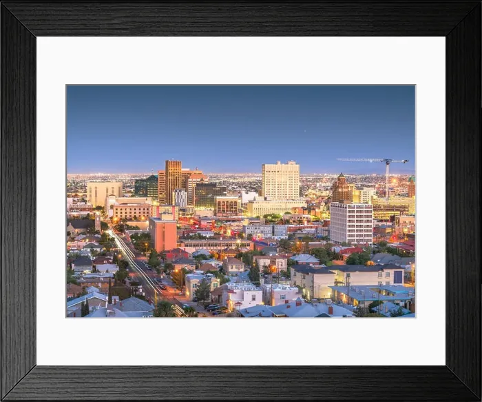 Framed Print : El Paso, Texas, USA downtown city skyline at dusk with Juarez, Mexico in the distance