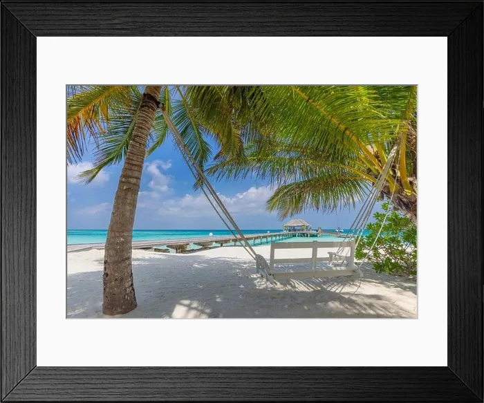 Framed Print : Tropical beach, summer landscape with beach swing or hammock over white sand, close to calm sea for serene beach. Luxury beach scene vacation summer Framed Print : Tropical beach, summer landscape with beach swing or hammock over white sand, close to calm sea for serene beach. Luxury beach scene vacation summer