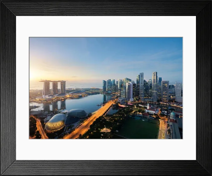 Framed Print : Aerial view of Singapore business district and city at twilight in Singapore, Asia Framed Print : Aerial view of Singapore business district and city at twilight in Singapore, Asia