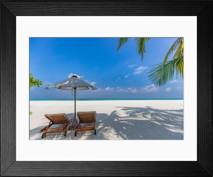 Framed Print : Two beach beds for couple beach travel. Summer nature landscape, tropical island shore, sea view, horizon. Exotic white sandy beach, relaxing blue sky Framed Print : Two beach beds for couple beach travel. Summer nature landscape, tropical island shore, sea view, horizon. Exotic white sandy beach, relaxing blue sky
