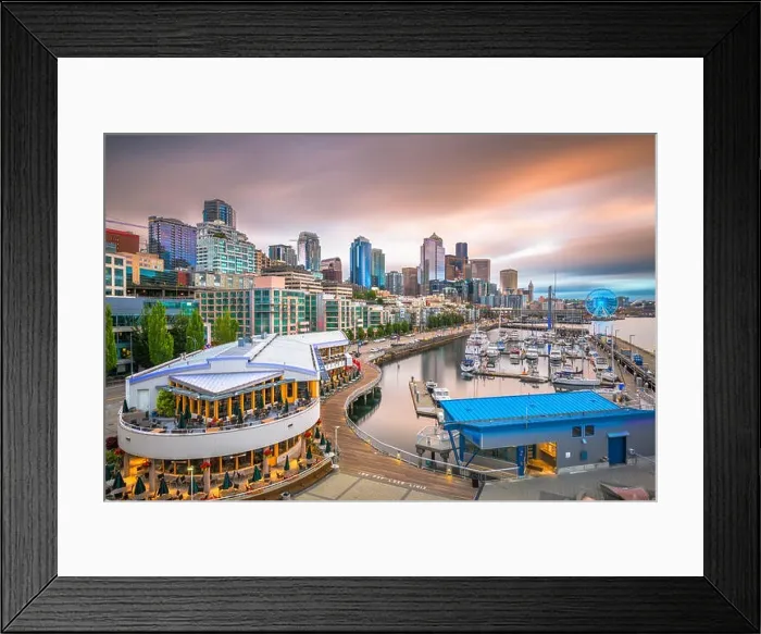 Framed Print : Seattle, Washington, USA pier and skyline at dusk Framed Print : Seattle, Washington, USA pier and skyline at dusk