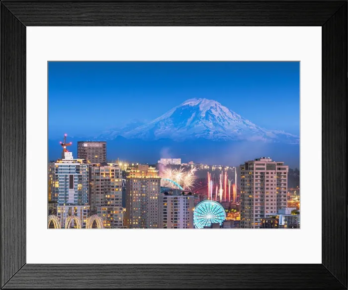 Framed Print : Seattle, Washington, USA downtown skyline with Mt. Rainier and a fireworks show below Framed Print : Seattle, Washington, USA downtown skyline with Mt. Rainier and a fireworks show below