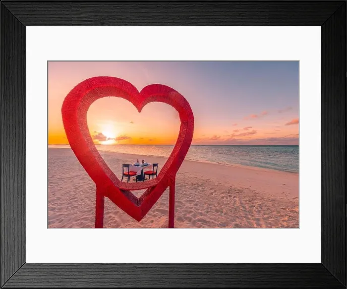Framed Print : Honeymoon couples dinner at private luxury romantic dinner on tropical beach in Maldives. Seaside sea view, amazing island shore with red heart shape Framed Print : Honeymoon couples dinner at private luxury romantic dinner on tropical beach in Maldives. Seaside sea view, amazing island shore with red heart shape