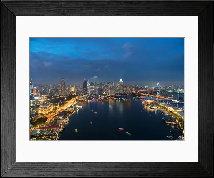 Framed Print : Aerial view of Singapore business district and city at twilight in Singapore, Asia Framed Print : Aerial view of Singapore business district and city at twilight in Singapore, Asia