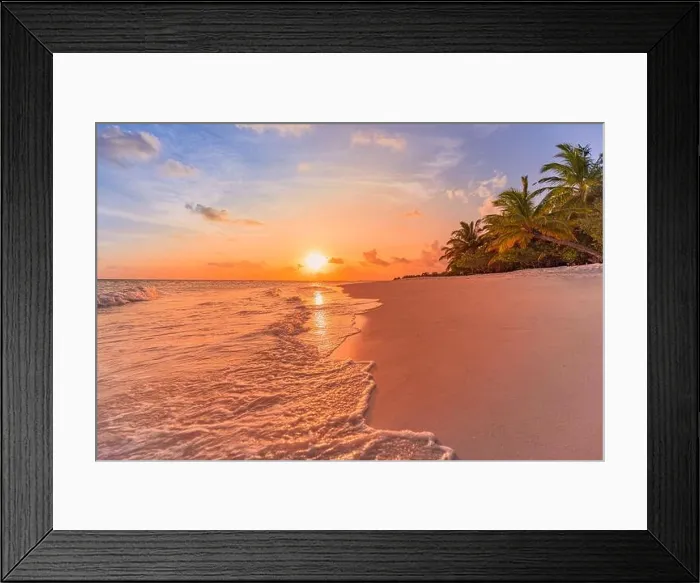 Framed Print : Fantastic closeup view of calm sea water waves orange sunrise sunset sunlight. Tropical island beach landscape, exotic shore coast. Summer vacation Framed Print : Fantastic closeup view of calm sea water waves orange sunrise sunset sunlight. Tropical island beach landscape, exotic shore coast. Summer vacation