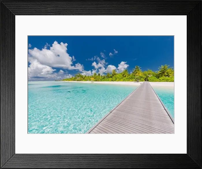 Framed Print : Beautiful tropical landscape background, luxury summer travel and vacation. Wooden pier into island against blue sky with white clouds, panoramic view Framed Print : Beautiful tropical landscape background, luxury summer travel and vacation. Wooden pier into island against blue sky with white clouds, panoramic view