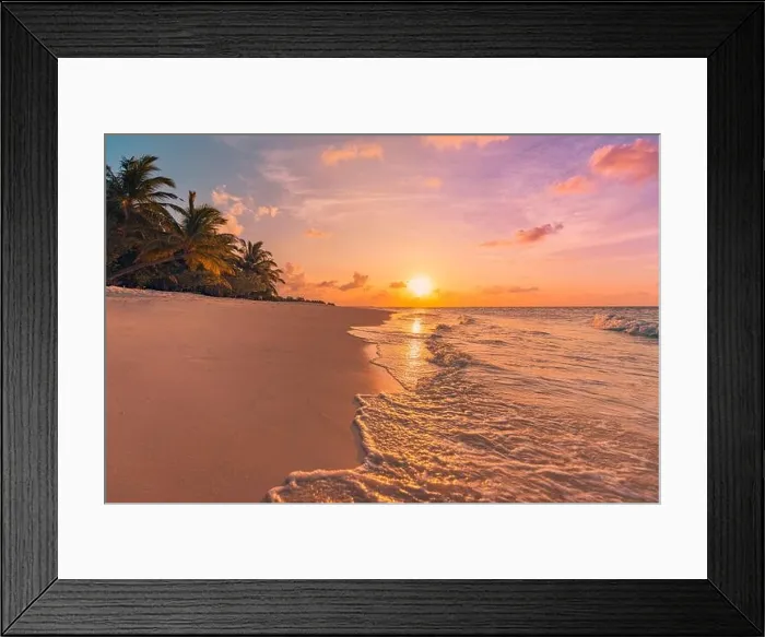Framed Print : Fantastic closeup view of calm sea water waves orange sunrise sunset sunlight. Tropical island beach landscape, exotic shore coast. Summer vacation Framed Print : Fantastic closeup view of calm sea water waves orange sunrise sunset sunlight. Tropical island beach landscape, exotic shore coast. Summer vacation