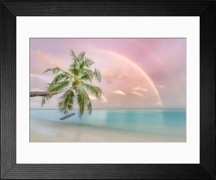 Framed Print : Perfect tropical landscape, sunset beach with palm tree and swing hanging under colorful rainbow. Romantic beach landscape Framed Print : Perfect tropical landscape, sunset beach with palm tree and swing hanging under colorful rainbow. Romantic beach landscape
