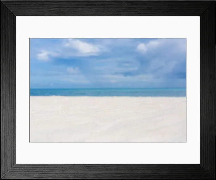 Framed Print : Beautiful beach with white sand, turquoise ocean water and blue sky with clouds in sunny day. Seascape abstract beach background. blur bokeh light