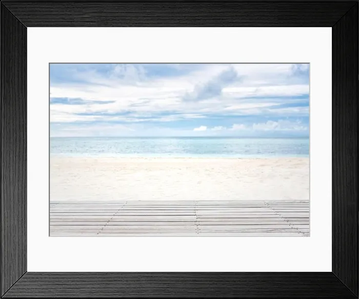 Framed Print : Wooden floor over white sandy beach landscape, cloudy sky. Tranquil tropical pattern Framed Print : Wooden floor over white sandy beach landscape, cloudy sky. Tranquil tropical pattern