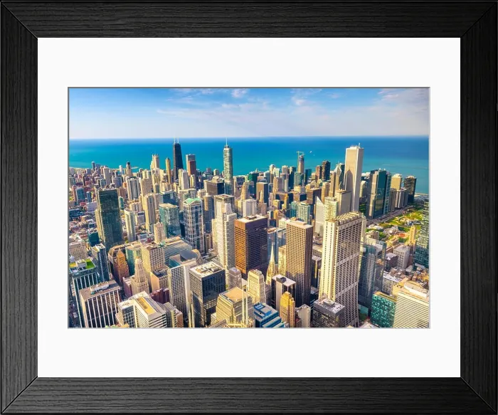 Framed Print : Chicago, Illinois USA aerial skyline towards Lake Michigan in the afternoon Framed Print : Chicago, Illinois USA aerial skyline towards Lake Michigan in the afternoon