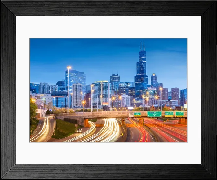 Framed Print : Chicago, Illinois, USA downtown skyline over highways at twilight Framed Print : Chicago, Illinois, USA downtown skyline over highways at twilight