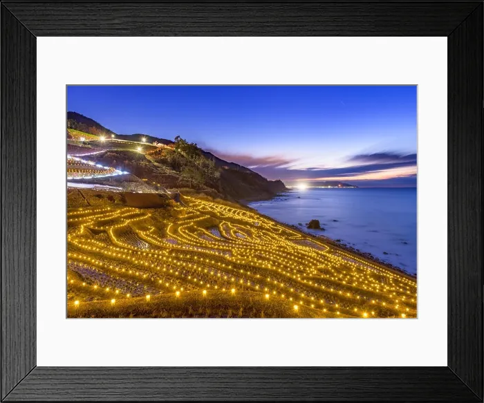 Framed Print : Wajima, Japan at Shiroyone Senmaida rice terraces during a winter light up Framed Print : Wajima, Japan at Shiroyone Senmaida rice terraces during a winter light up