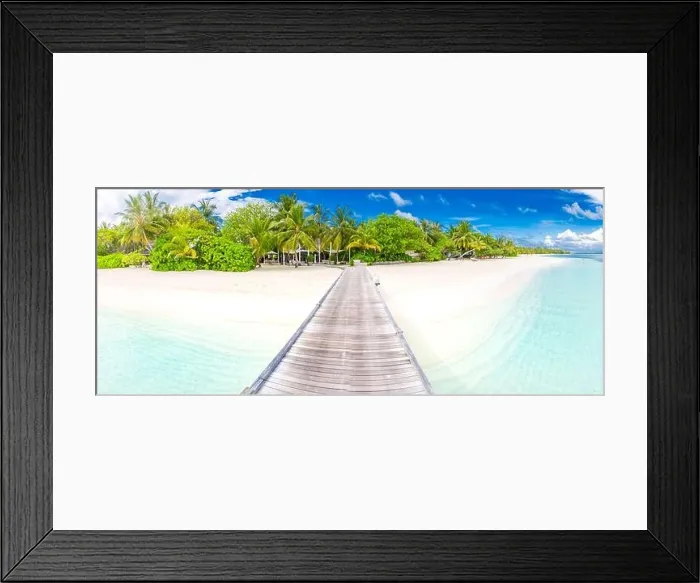 Framed Print : Amazing beach scene, long jetty into the palm trees. Maldives, paradise beach background, design banner. Blue sky and clouds view with calm sea beach Framed Print : Amazing beach scene, long jetty into the palm trees. Maldives, paradise beach background, design banner. Blue sky and clouds view with calm sea beach