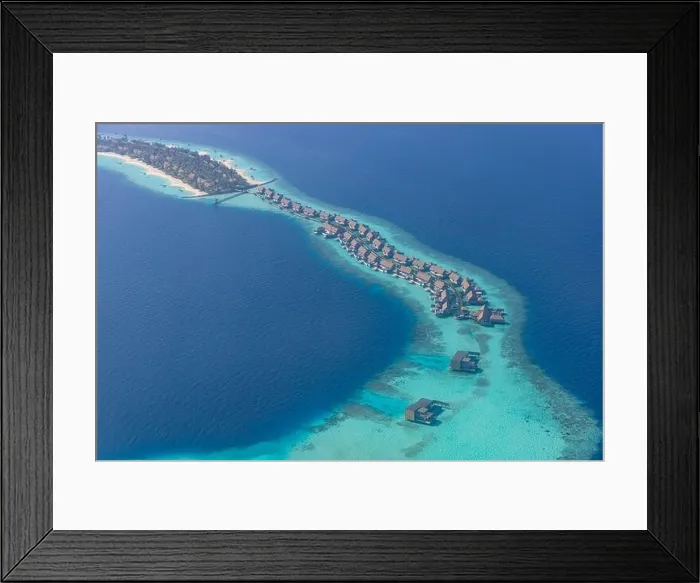 Framed Print : Maldives paradise scenery. Tropical aerial landscape, seascape with long jetty, water villas with amazing sea lagoon beach, tropical nature. Exotics Framed Print : Maldives paradise scenery. Tropical aerial landscape, seascape with long jetty, water villas with amazing sea lagoon beach, tropical nature. Exotics