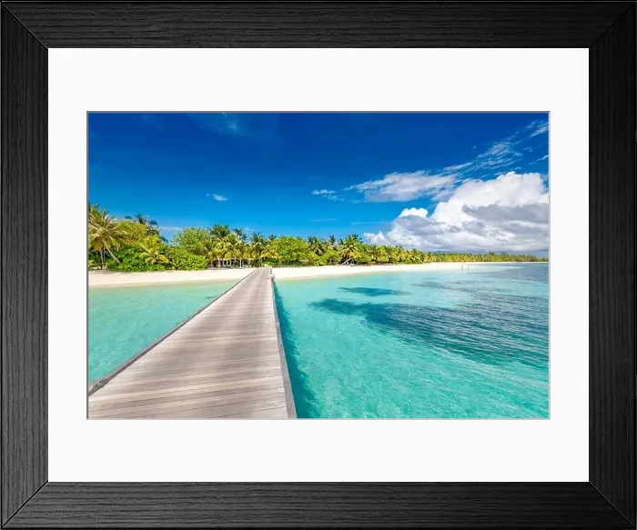 Framed Print : Amazing beach scene, long jetty into the palm trees. Maldives, paradise beach background, design banner. Blue sky and clouds view with calm sea beach Framed Print : Amazing beach scene, long jetty into the palm trees. Maldives, paradise beach background, design banner. Blue sky and clouds view with calm sea beach