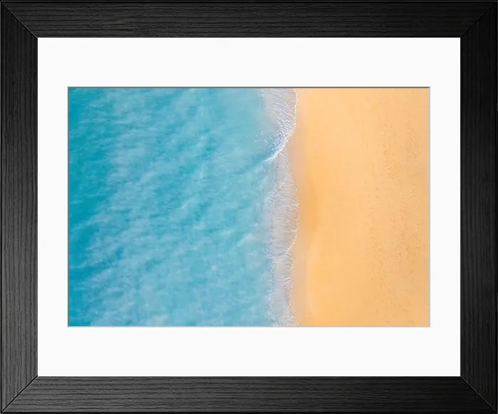 Framed Print : Aerial view of sandy beach and ocean nature with waves. Beach and waves from top view. Turquoise water background. Summer seascape from air. Aerial Framed Print : Aerial view of sandy beach and ocean nature with waves. Beach and waves from top view. Turquoise water background. Summer seascape from air. Aerial