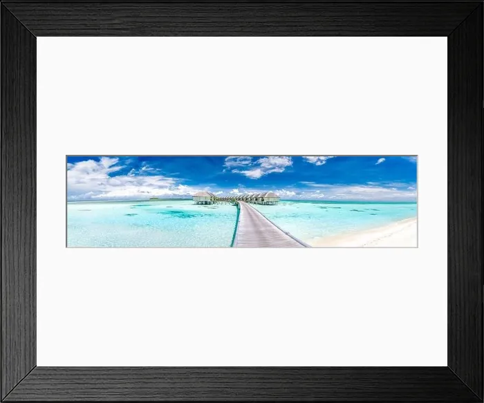 Framed Print : Panoramic landscape of Maldives beach. Tropical panorama, luxury water villa resort with wooden pier or jetty. Luxury travel vacation destination Framed Print : Panoramic landscape of Maldives beach. Tropical panorama, luxury water villa resort with wooden pier or jetty. Luxury travel vacation destination