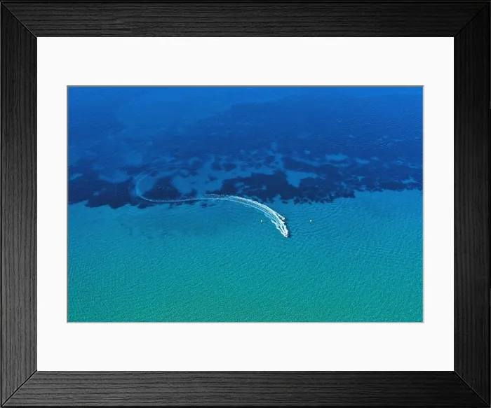 Framed Print : Aerial view of speed boat in motion. Water transportation and summer leisure time activity Framed Print : Aerial view of speed boat in motion. Water transportation and summer leisure time activity