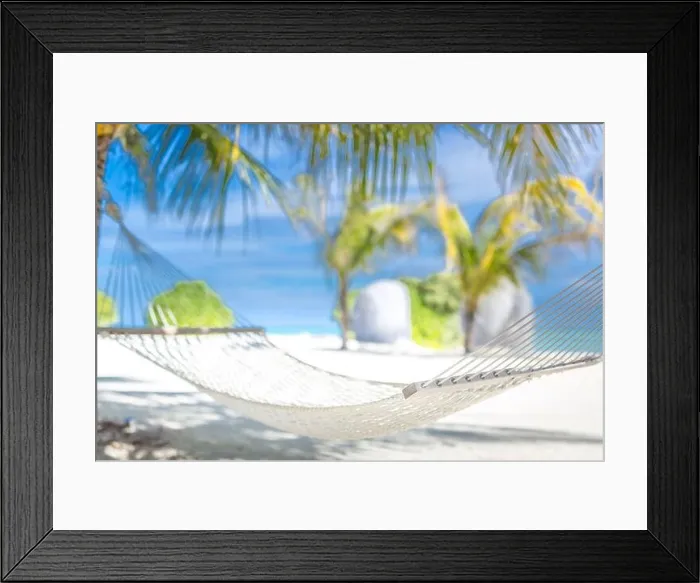 Framed Print : Sunny tropical beach with palm trees and traditional braided hammock. Tropical island paradise, exotic travel and summer holiday carefree or freedom Framed Print : Sunny tropical beach with palm trees and traditional braided hammock. Tropical island paradise, exotic travel and summer holiday carefree or freedom