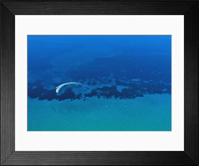 Framed Print : Aerial view of speed boat in motion. Water transportation and summer leisure time activity Framed Print : Aerial view of speed boat in motion. Water transportation and summer leisure time activity