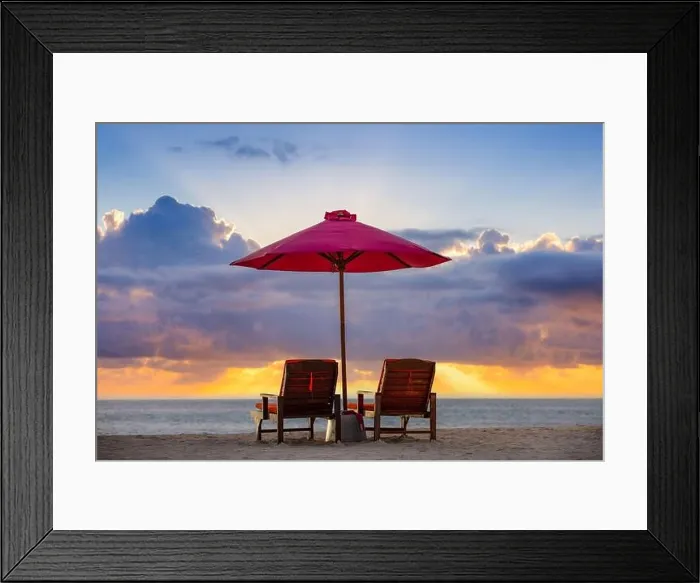 Framed Print : Fantastic romantic sunset, two sun beds, loungers, umbrella. White sand, sea view with horizon, colorful twilight sky, calm, relax seaside. Inspire Framed Print : Fantastic romantic sunset, two sun beds, loungers, umbrella. White sand, sea view with horizon, colorful twilight sky, calm, relax seaside. Inspire