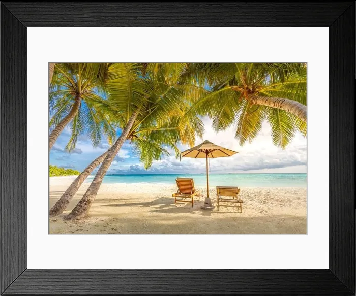 Framed Print : Beautiful beach tropical landscape, two sun beds, loungers, umbrella under palm tree. White sand, sea view with horizon, colorful twilight sky Framed Print : Beautiful beach tropical landscape, two sun beds, loungers, umbrella under palm tree. White sand, sea view with horizon, colorful twilight sky