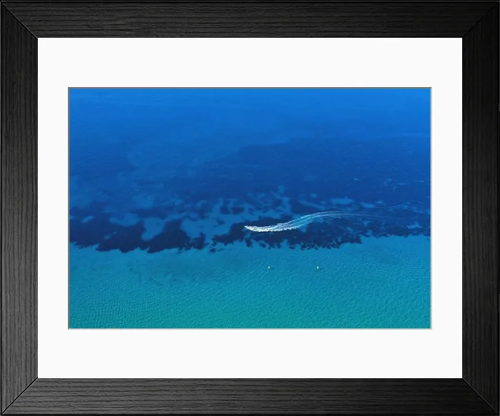 Framed Print : Aerial view of speed boat in motion. Water transportation and summer leisure time activity Framed Print : Aerial view of speed boat in motion. Water transportation and summer leisure time activity