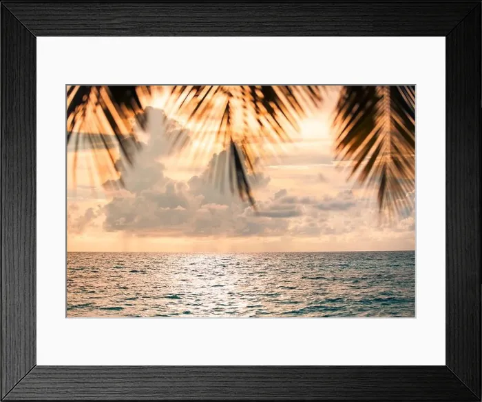 Framed Print : Blur beautiful nature green palm leaf on tropical sunset beach sea with bokeh light wave abstract background. Copy space summer vacation and holiday Framed Print : Blur beautiful nature green palm leaf on tropical sunset beach sea with bokeh light wave abstract background. Copy space summer vacation and holiday