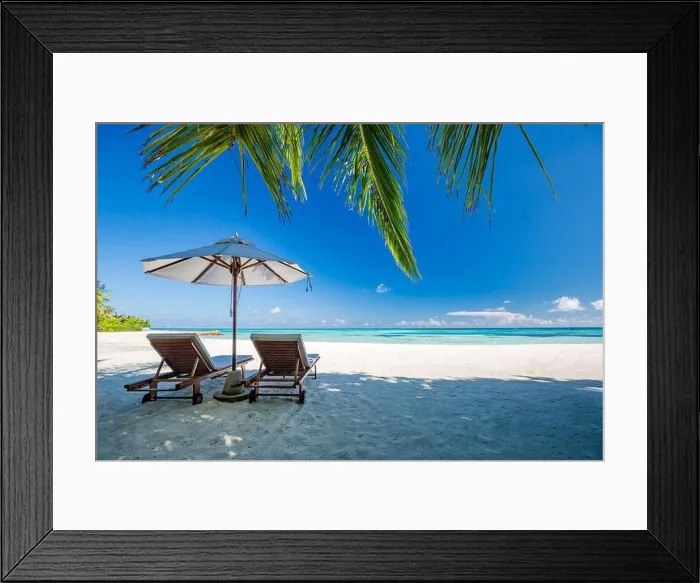 Framed Print : Beautiful beach landscape. Chairs on the sandy beach near the sea. Summer holiday and vacation concept for tourism. Inspirational tropical landscape Framed Print : Beautiful beach landscape. Chairs on the sandy beach near the sea. Summer holiday and vacation concept for tourism. Inspirational tropical landscape