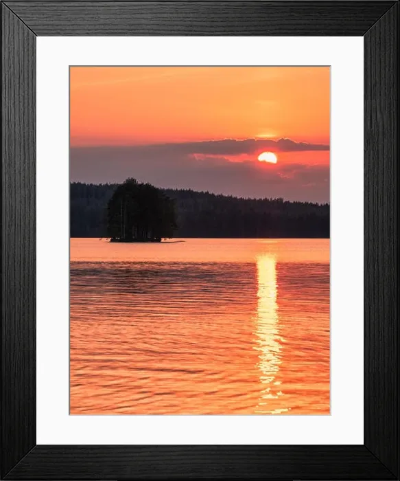 Framed Print : Scenic landscape with beautiful sunset and lake at summer evening in Finland Framed Print : Scenic landscape with beautiful sunset and lake at summer evening in Finland