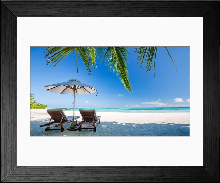 Framed Print : Beautiful beach landscape. Chairs on the sandy beach near the sea. Summer holiday and vacation concept for tourism. Inspirational tropical landscape Framed Print : Beautiful beach landscape. Chairs on the sandy beach near the sea. Summer holiday and vacation concept for tourism. Inspirational tropical landscape